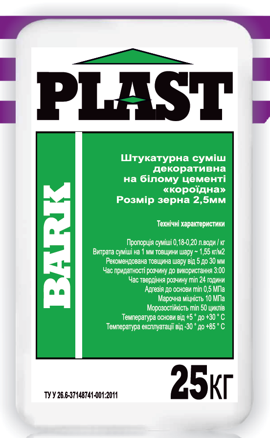 Plast Bark, штукатурка декоративная на сером цементе «Короед», 25 кг